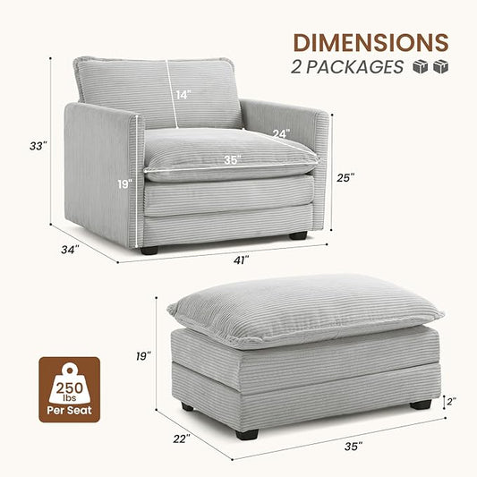 ROWHY Single Armchair with Ottoman, Modern Corduroy Cloud Couch with Convertible Chaise, Upholstered Sofa Set for Living Room, Light Grey