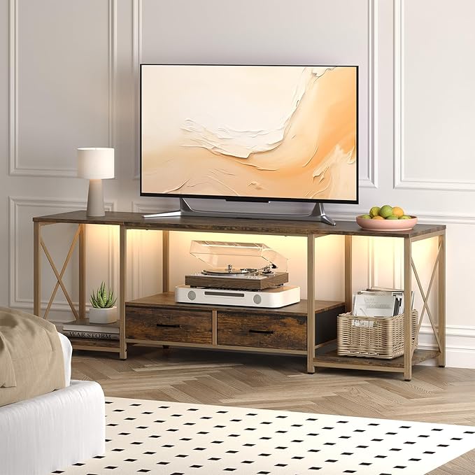 LED TV Stand with 2 Fabric Drawer - 63" Industrial TV Console Table with Open Storage Shelves for Living Room,Bedroom, Entertainment Center TV Stands for 65-75" TV - Rustic Brown Steel Frame