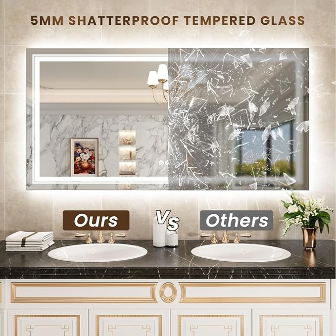 WTTY LED Bathroom Mirror 60"x28" with RGB Backlit and Front Light,Stepless Dimmable LED Mirror for Bathroom,Lighted Bathroom Vanity Mirror,Anti-Fog,Memory Function,Shatter-Proof,Wall Mounted