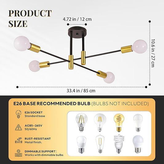 Modern Sputnik Chandelier Ceiling Light Fixtures, 4-Lights Mid Century Industrial Metal Semi Flush Mount for Dining Room, Bedroom, Living Room-Black and Gold
