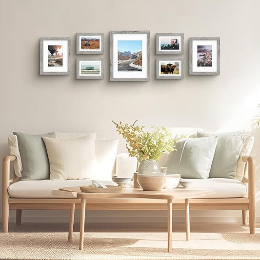 Frametory, Gallery Wall Frame Set of 7 Multiple Sizes 11x14, 8x10, 5x7 Picture Frame Collage with White Mat for Prints, with Real Glass (Grey)