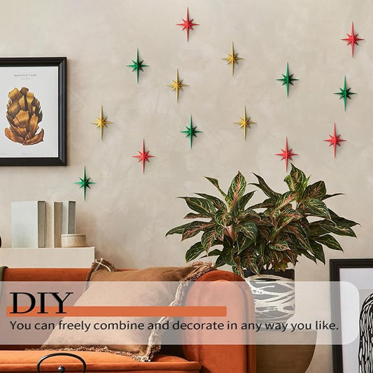 MidModArt 16PCS Mid Century Modern 3D Star Wall Art Gold Retro Starburst Sculptures Vintage Celestial Home Decor, Colored Starburst-Combo