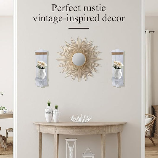 Alphatool Farmhouse Wall Decor Candle Sconces - 2 Pcs Vintage Rustic Handmade Wooden Wall-Mount Candle Holders for Bedroom Livingroom Home Hanging Art Decorations Accessories Gifts, Grayish-White