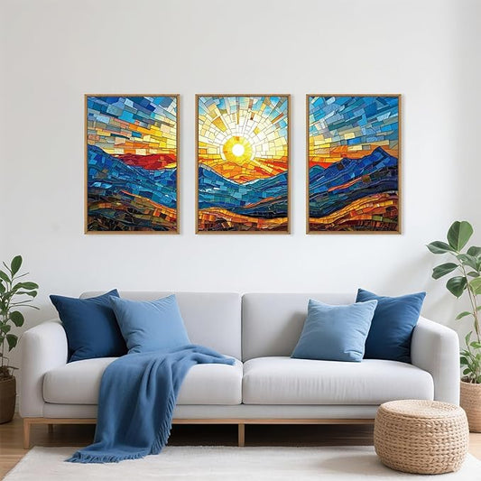 Mountains Framed Canvas Wall Art Set, Modern Abstract Art Painting, Irregular Square Ridge Wall Decor, Sunrise Art Print for Living Room, Bathroom, Bedroom, Office - 24"x36"x3