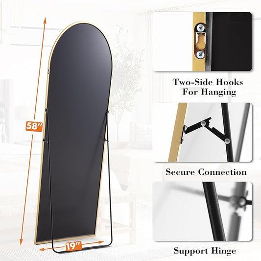 Sweetcrispy 58"x19" Arched Full Length Mirror, Full Body Mirror with Aluminum Alloy Thin Frame, Leaning or Standing, Suitable for Bedroom, Livingroom, Cloakroom, Gold