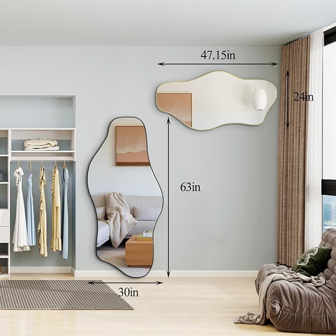 Large Irregular Mirror, 63"x30" Asymmetrical Tempered Glass Mirrors Full Length, Organic Frameless Wall Mirrors for Living Room Bedroom Entryway Hallway, Hangs Vertically or Horizontally