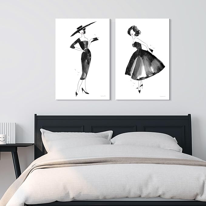 2 Pieces Fashion Women Canvas Wall Art Trendy Models Painting Black and White Funky Poster Pictures Framed Artwork for Bedroom Bathroom Makeup Room Decor 12"x16" (30cmx40cm)