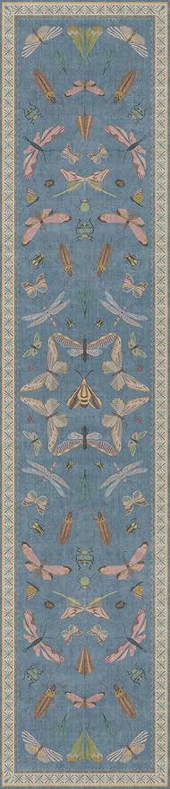 Washable Blue Insect Runner Rug 2'6''x12' for Hallway & Kitchen Sink, Non Slip Entryway Rug with Colorful Vintage Print