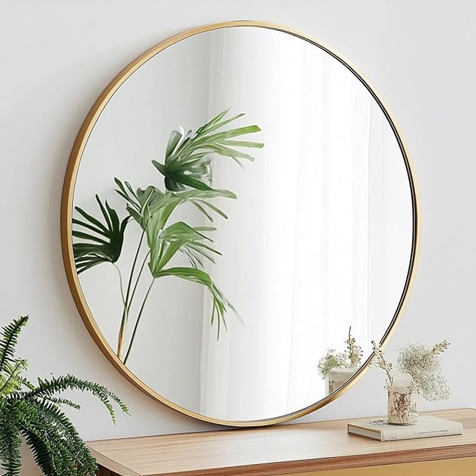 Oruii Gold Round Mirror, Golden Round Mirror 24 inch, Circle Wall Mirrors Metal Frame, Brass Circular Mirrors for Bathroom, Wall, Living Room, Entryway, Hallway, Vanity, Rustic