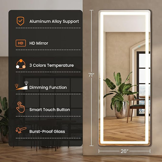 71" x 26" Arched Full Length Mirror with LED Lights, Floor Mirror with Stand, Wall Mirror Full Length, Body Floor Mirror, Wall Mounted Mirror for Bedroom, Dimmable, Tempered Glass