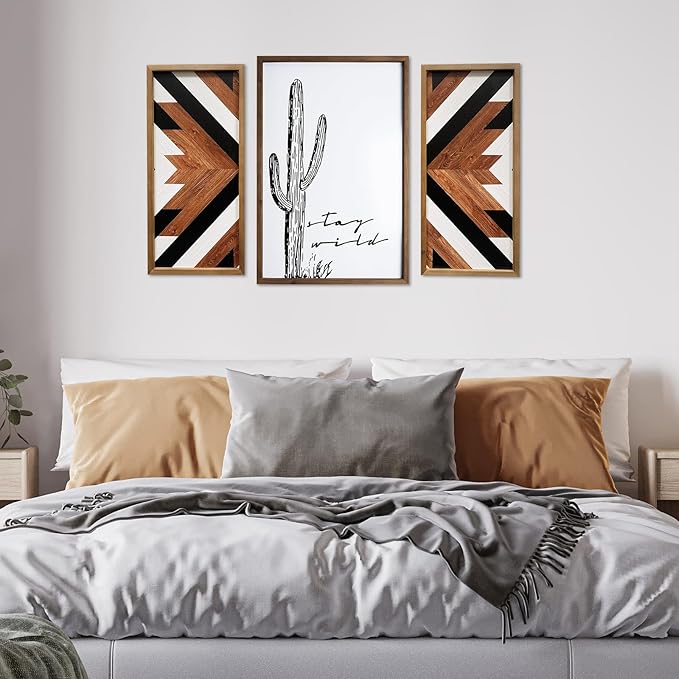 2 Pcs Western Aztec Wall Decor With Wood Framed, 20.9x9.8 Inch Wooden Southwestern Boho Wall Art, Native American Living Room Bedroom Guest Bathroom Rustic Decorations for Home