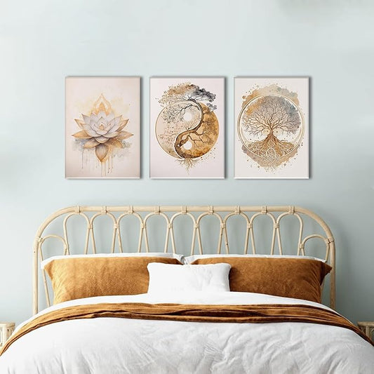 AOYUSMO 3 Piece 3 Piece Tree of Life Wall Art Zen Wall Decor Yoga Room Canvas Art Modern Gold Lotus Flower Pictures Spiritual Meditation Paintings Spa Artwork For Living Room Bathroom