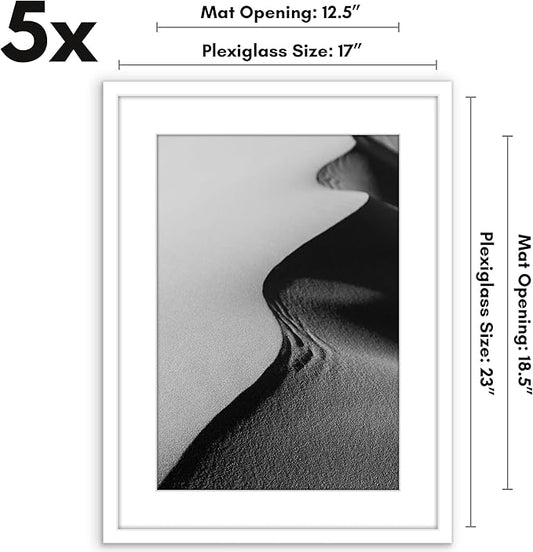 Americanflat 17x23 Picture Frame with Polished Plexiglass - Set of 5 - Use as 13x19 Frame with Mat or Display 17x23 Photo Without Mat - Galleria Collection - Picture Frames for Wall Display - White