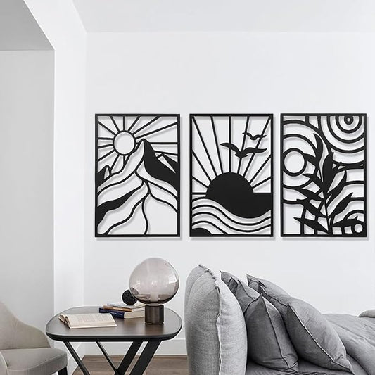AMAATE Black Metal Wall Art, 3 Pieces Minimalist Geometric Wall Decor, Modern Abstract Line Art Sculpture for Living Room Bedroom Office, Boho Home Decor with Mountain, Sunset, Plant Design 11" X 14.6" in