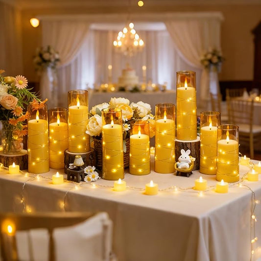 kakoya Flameless LED Candles with Timer 24 Pc Flickering Flameless Candles for Romantic Ambiance and Home Decoration Stable Acrylic Shell,with Embedded Star String,Battery Operated Candles(Gold)
