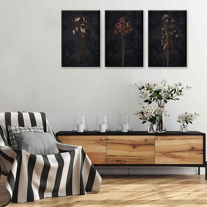 LYPHNX Framed Dark Moody Wildflowers Canvas Wall Art Black Vintage Dried Floral Wilderness Botanical Painting Poster Set of 3 Nature Prints Picture Wall decor for Living Room Bedroom Office 12"x16"