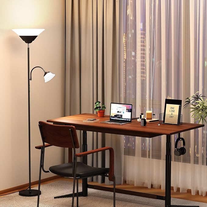 SIBRILLE 2-in-1 Torchiere Floor Lamp, 34W Super Bright LED Standing Lamp with Remote & Touch Control, 72" Dimmable Adjustable Corner Reading Lamp for Living Room, Bedroom, Office, Black