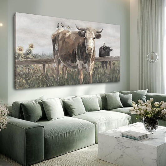 ZENPEE Large Brown and Black Cow Canvas Wall Art – Vintage Farmhouse Animal Decor for Bedroom, Bathroom, Office, Fireplace & Kitchen, 29 x 58 Inch
