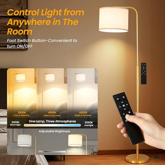 Floor Lamp for Living Room and Bedroom - Modern Standing Lamps Tall with Dimmable LED Bulb and Remote Control - Black Stand Arc Light With Shade for Reading Home Decor Corner and office(Gold)