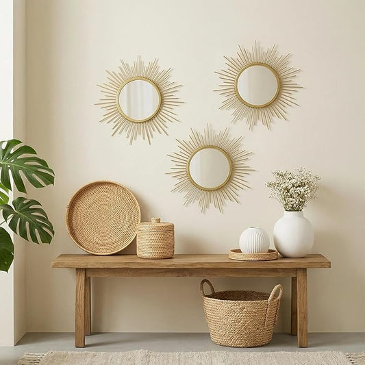 3 Set Sunburst Mirrors for Wall Decor Living Room Bedroom Bathroom Dining Room Metal Boho Sunburst Wall Mirror Set Gold Metal Vintage Circle Art Pack - Gold 11.8 in