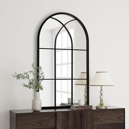 Rowjut Arched Wall Mirror 42" x 24" Window & Wall Decorative Mirror, Iron Framed Window Pane Mirrors, Arched Top Wall Mirror for Entryway Living Room, Bedroom, Fireplace (Black)