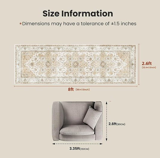 AMADA HOMEFURNISHING 2'6"x8' Washable Area Rug, Low-Profile Entryway Rug with Non-Slip Backing & Durable Edge Binding, Vintage Rug Pattern, Small Rugs for Entryway, Kitchen & Living Room