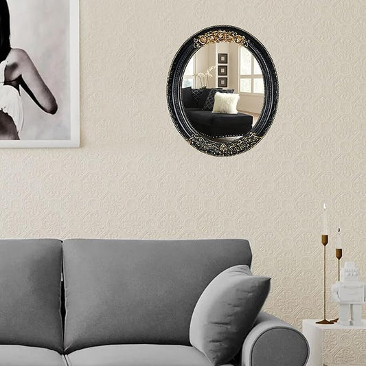 Oval Resin Vintage Mirror, Wall Mounted Decorative Mirror for Entryway, Hallway, Bedroom Oval Mirror 11.8x10 inch (Black)