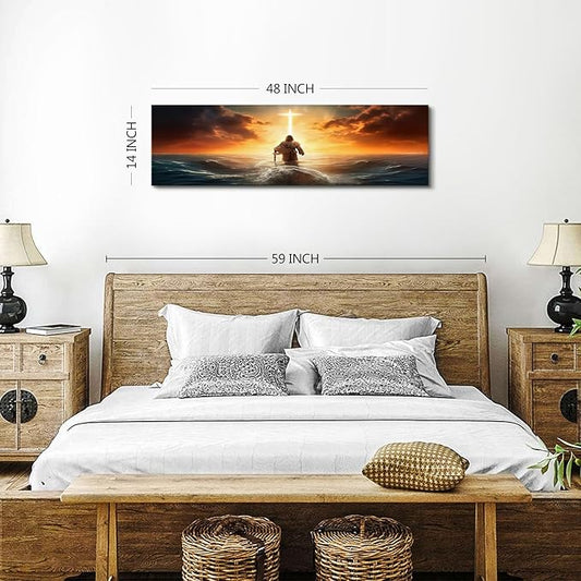 Christian Bible Canvas Wall Art for Bedroom Above Bed, Jesus Walking on Water Picture Wall Decor Sunrise Ocean Sea Cross Painting Prints Spirit Religious Faith Poster Artwork Office Decorations 14x48"