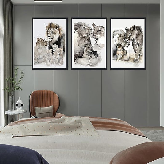 Watercolor Nature Animals Framed Canvas Wall Art 3 Pieces Lion Family Portrait Wall Decor for Country Apartment Living Room Bedroom Wildlife Animals Artwork Decoration Easy to Hand 24x36inchx3pcs