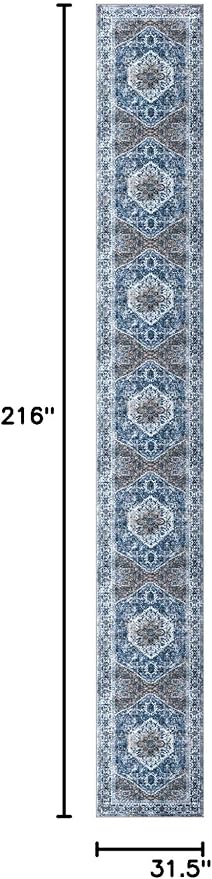 KOZYFLY Runners for Hallways 2.6x18 Ft Extra Long Washable Kitchen Runner Rug Boho Runner Rug for Entryway Indoor Blue Printed Oriental Faux Wool Stair Floor Carpet Runner for Stair Kitchen Hall