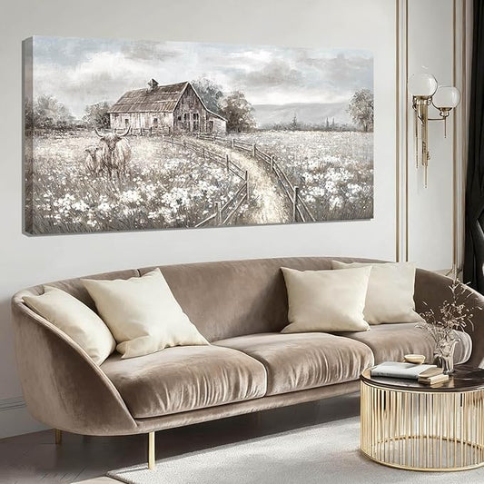 Highland Cow Canvas Wall Art, Neutral Landscape – Rustic Country Cottage with Beige Meadow Flowers, Large Framed Canvas, Ready to Hang, 24x48 Inches