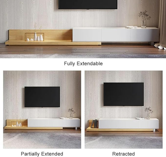 homary Wood Extendable TV Stand Rectangle Entertainment Center with 3-Drawer & Shelf Media TV Console for Living Room Bedroom (White & Natural)