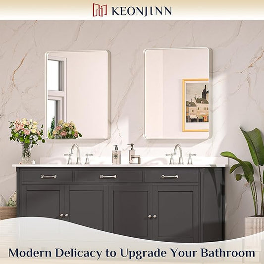 Keonjinn 24 x 30 Inch Brushed Nickel Bathroom Mirrors for Over Sink, Rounded Rectangle Silver Bathroom Vanity Mirror, Farmhouse Mirror for Wall, HD Tempered Glass, Anti-Rust Aluminum Alloy Mirror