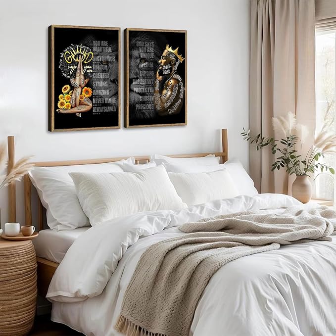 2Pcs Male King And Queen Wall Art Inspiration Canvas Wood Framed Printing African American Poster Picture Inspiration Wall Decoration Black Print Art Religious Quotations Gallery Living Room Bedroom Office