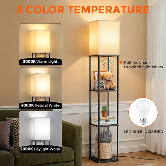 FOLKSMATE Floor Lamp with Shelves, 3-Tier Modern Square Bookshelf Floor Lamp, 3 Color Temperature Bulb Included, Black Floor Lamps for Living Room Bedroom Corner