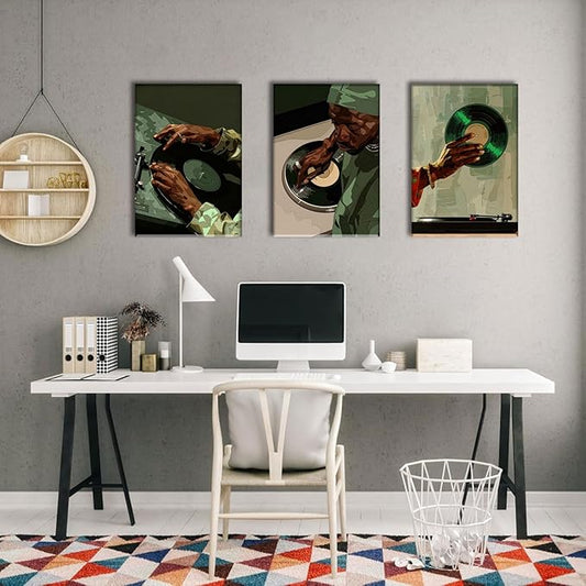 AOYUSMO 3 Piece African American Wall Art Black Men Wall Decor Record Canvas Art Fashion Music Pictures Music Studio Paintings Modern Trendy Artwork For Living Room Bedroom