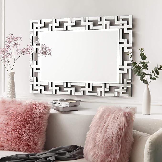 KOHROS Large Decorative Rectangle Mirror for Wall Decor Art Grecian Venetian Mirror (Silver, 40" L x 28" W)
