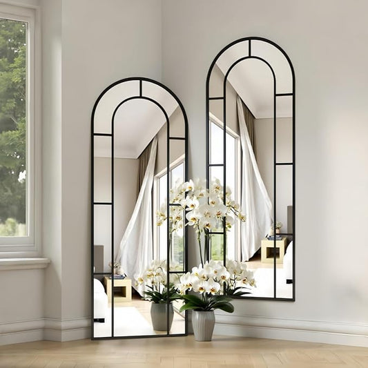 Prywot Full Length Mirror, 56"x22" Arched Window Pane Mirrors for Wall Decor, Black Full Body or Wall Mounted Mirrors, Farmhouse Standing Mirror Hanging or Leaning for Living Room, Entryway, No Stand