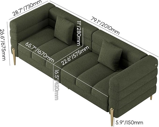 homary Boucle Sofa 79”, Modern 3 Seater Couch with Pillows, Deep Seat Upholstered Sofa for Living Room, Soft Channel-Tufted Design, Solid Wood Frame & Metal Legs(Boucle, Evergreen)