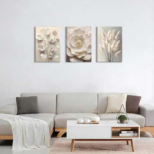 3Pcs Beige Floral Botanical Frame Canvas Wall Art, Neutral Textured Flower Plant Wall Painting Picture Wall Decor Vintage Blossom Posters Prints for Bedroom Living Room Reay to Hang 20"x28"x3Pcs