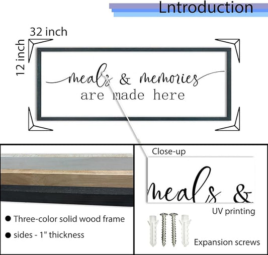 FZMHASLWW Meals and Memories Are Made Here Wall Decor Sign 32"x12" for Dining Room Kitchen Large Wooden Framed Hanging Art (Black)