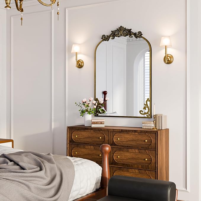 Koonmi Vintage Mirror, 24x36 Antique Barolon Mirror for Wall, Bronze Frame with Ornate Patterns, Flower Head, Shatter-Proof Tempered Glass Arched Decorative Mirrors for Bathroom