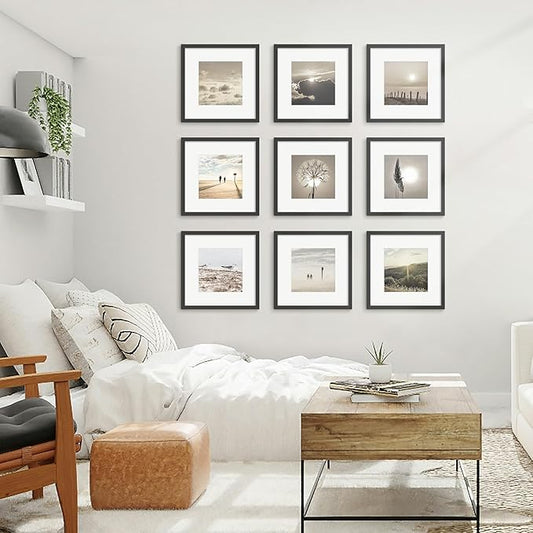 12x12 Picture Frame Sef of 10, Display Pictures 8x8 with Mat or 12 x 12 Without Mat, Photo Frame Collage for Wall Gallery Decor, Wall Mounted, Black