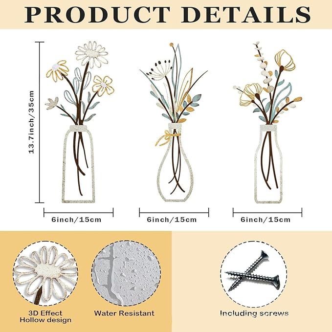 Azure Cantara 3 Pcs Metal Flowers Wall Decor Rustic Farmhouse Decor Beige Minimalist Wall Art Flower Decors for New Home Bathroom Kitchen Living Room Bedroom Housewarming Gifts