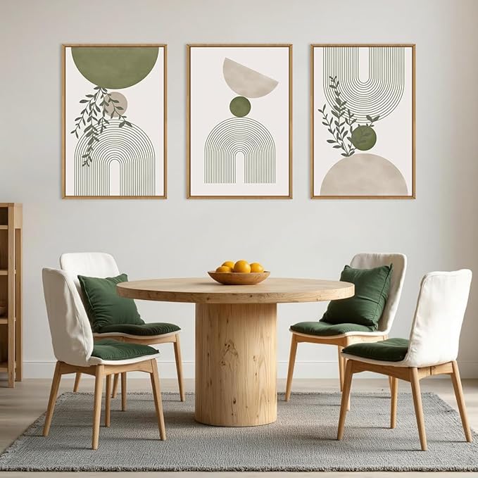 ANHUIB Boho Abstract Wall Art Canvas,Sage Green Wall Decor Framed,Geometric Line Art Prints Leaves,Minimalist Artwork Botanical,3 Piece 24x36In Beige Nature Painting for Living Room Bedroom