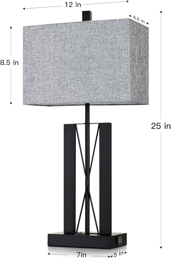 Lolikit 25" Table Lamps Set of 2, Modern Table Lamp for Living Room with 2 USB Charging Ports, Nightstand Geometric Industrial Bedside Lamp with Gray Shade for Bedrooms End Table Decor, Bulbs Included