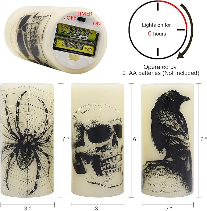 Halloween Flameless Flickering Candles Battery Operated with 6 Hour Timer White Real Wax Spooky LED Pillar Candles Skull Spider Crown Decals Hallloween Indoor Decor(3 x 6 Inches)