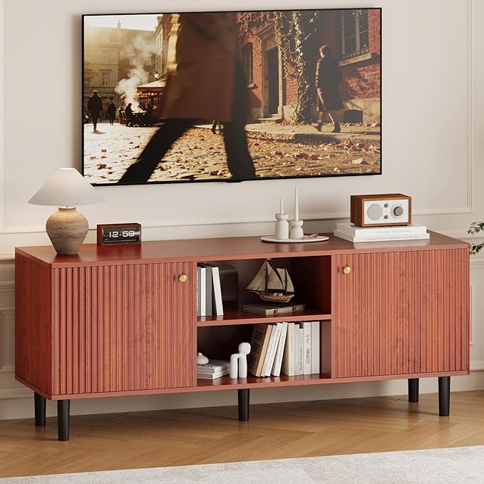 TV Stand for Living Room, Modern Entertainment Center Up to 65" TV,Television Console Table with Storage Cabinets,Walnut