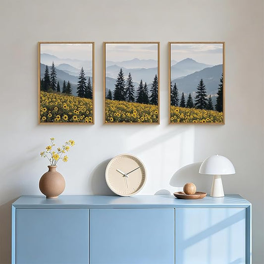 HPNIUB Mountain Sunflowers Landscape Framed Wall Art Set Nature Pine Tree Wall Decor,Boho Misty Forest Art Print Rustic Wildflower Painting Artwork for Living Room, Bedroom,Office-24''x36''x3