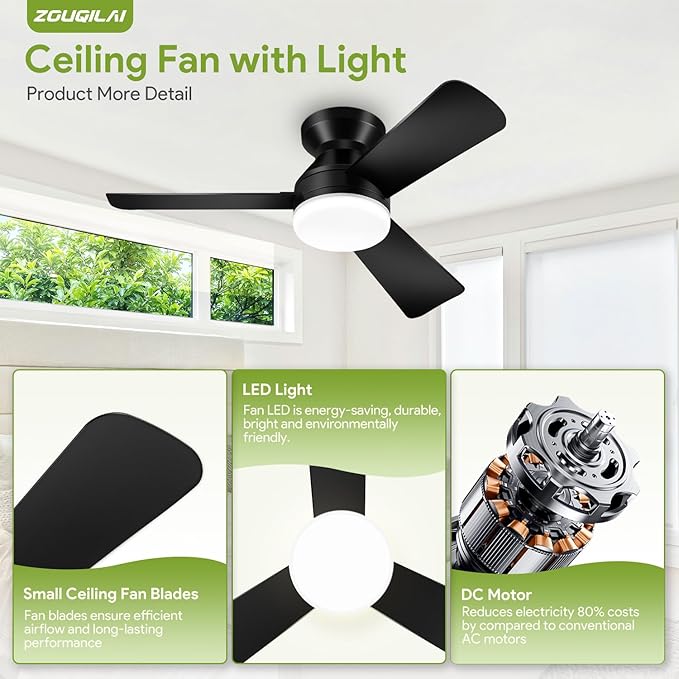 35" Black Ceiling Fans with Lights and Remote, Low Profile Ceiling Fan with Light, Reversible DC Motors, 3CCT Dimmable Timer Noiseless, Flush Mount Ceiling Fan for Bedroom/Living Room